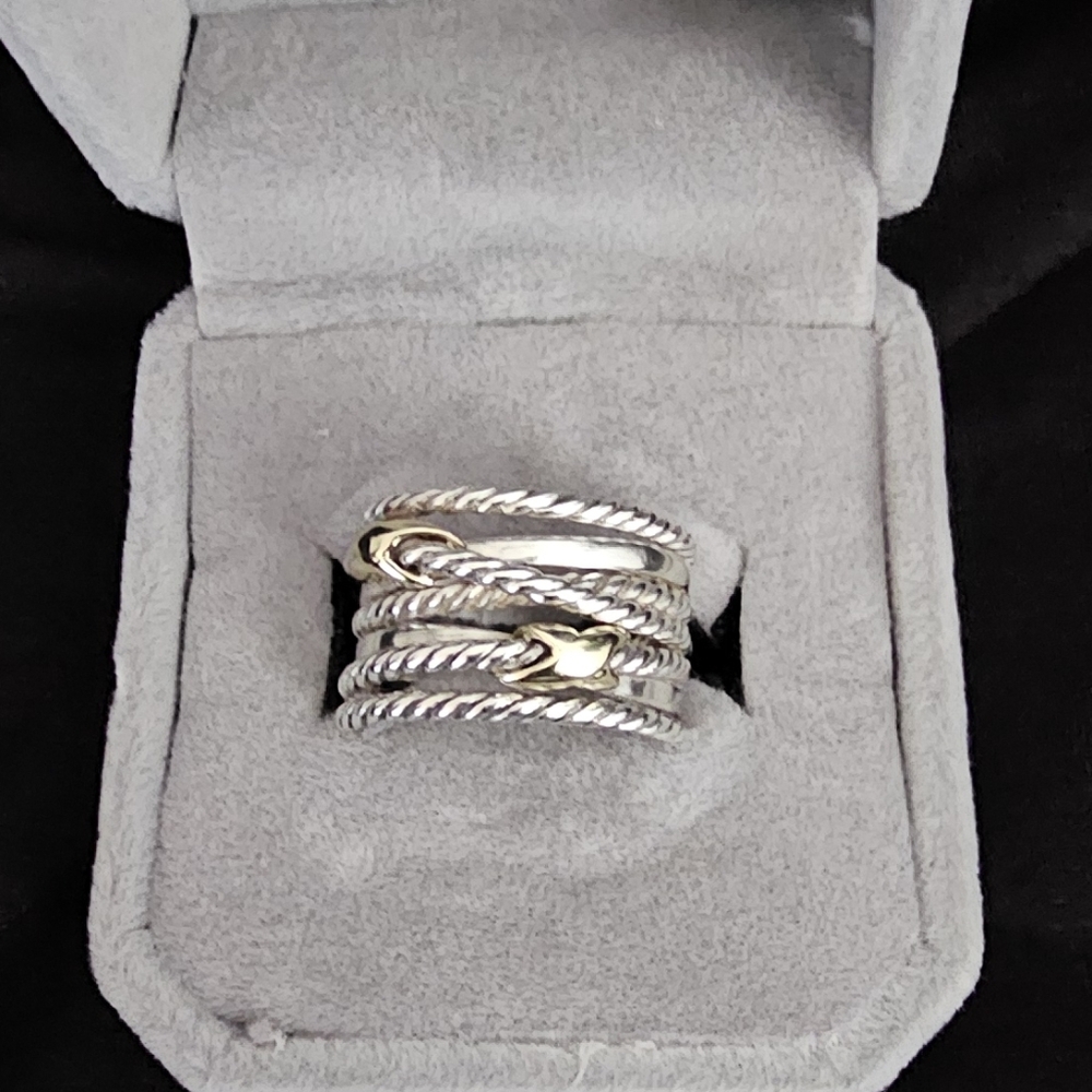 David Yurman Double X Crossover Ring Sterling Silver w/18K Yellow Gold, Size 7